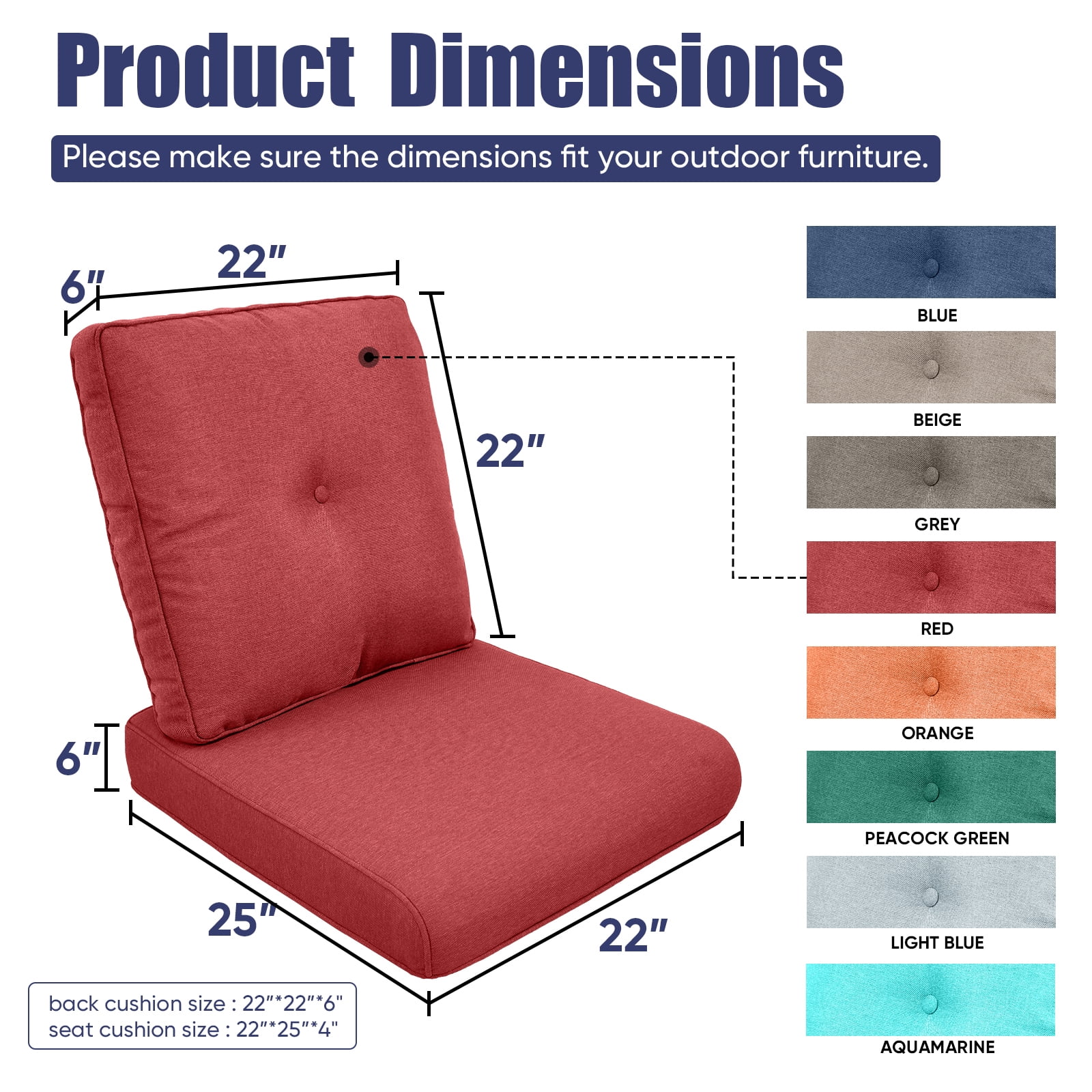 Giantfurnni Cushions for Outdoor Furniture Set 22 x 25,Patio Furniture Cushions Waterproof & Fade Resistant Deep Seat Cushion for Wicker Chair, Sofa, Couch