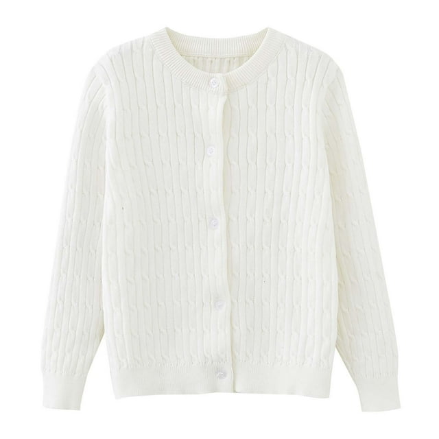Wdgfv Cardigan à Col Rond pour Filles, devant Boutonné, Chandail Tricoté d'École, Doux et Chaud, Design Confortable, Tenue de Tous les Jours, Blanc, 3-4 Ans