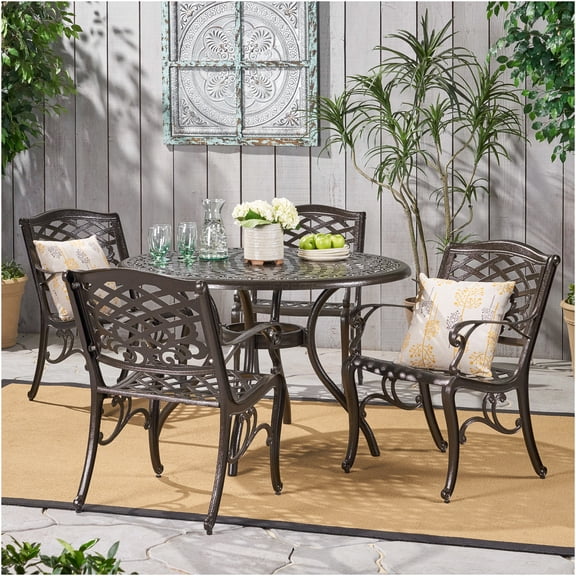 JERFIT 5-Piece Outdoor Patio Dining Set, Bronze Cast Aluminum Round Table with 4 Chairs, All-Weather Garden Bistro Set for Backyard, Poolside
