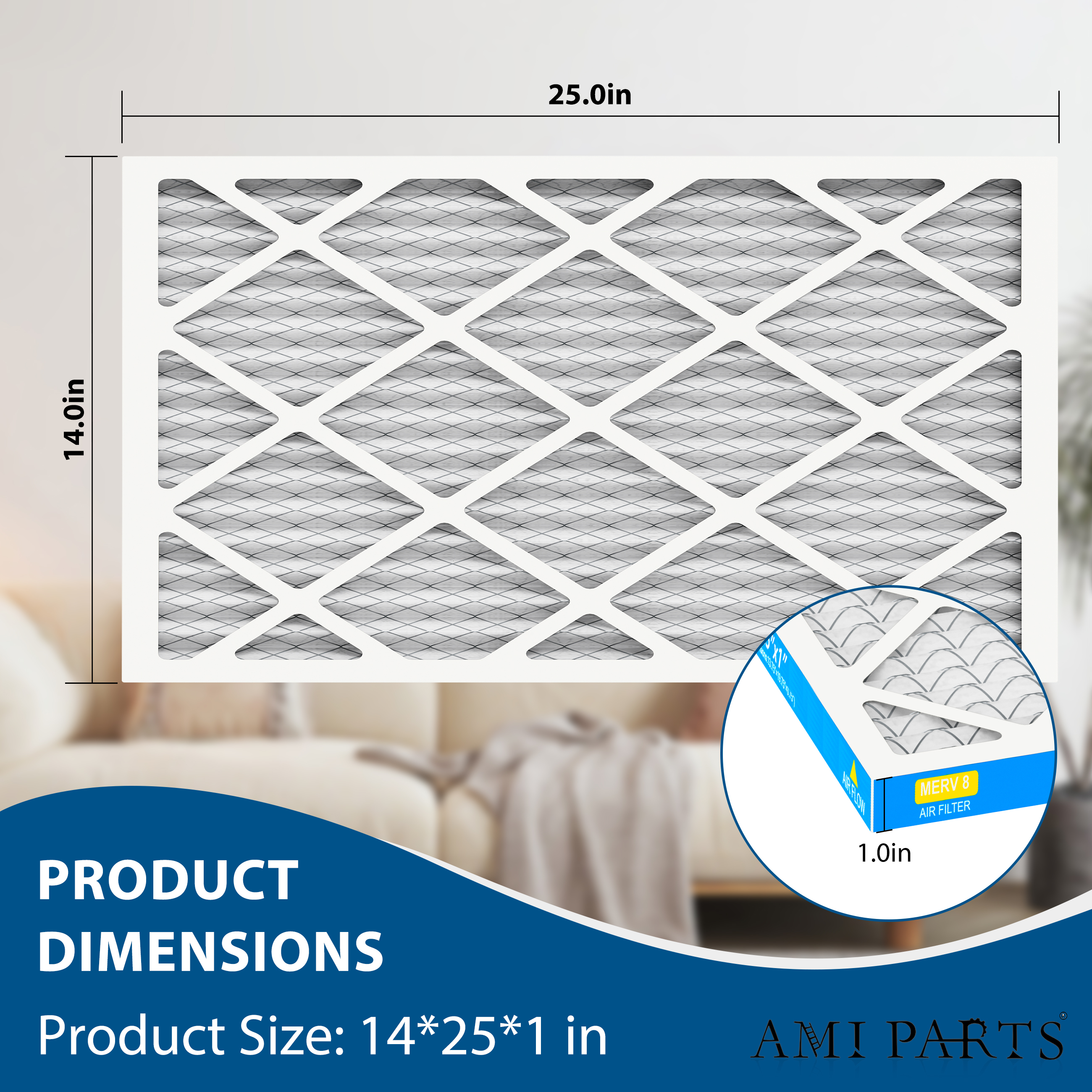 AMI PARTS 14x25x1 MERV 8 Pleated Filter,HVAC Furnace Air Filter Removes Pollen and Dust