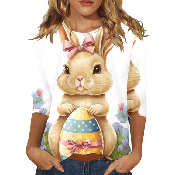 MuXiKeJi Clothes Easter Shirts for Womens Easter's Day Cartoon Rabbit 3/4 Sleeve T Shirts Crew Neck Pullover Tops Outfits for Women