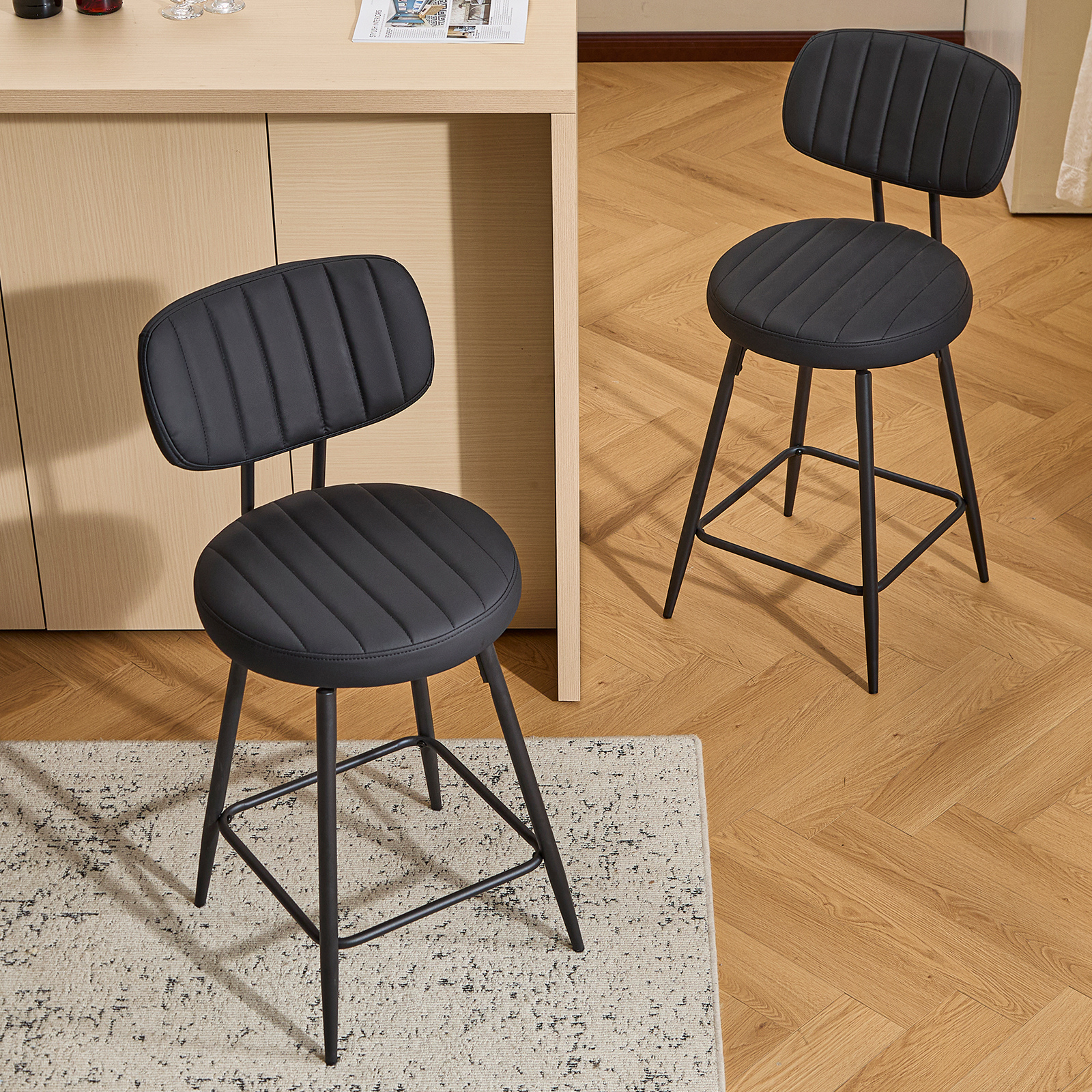 Furniliving 26" Modern Bar Stools Set of 4, Upholstered Swivel Counter Height Barstools with Back and Footrest, Adjustable Faux leather Barstool for Kitchen Island,Dining Room.Black