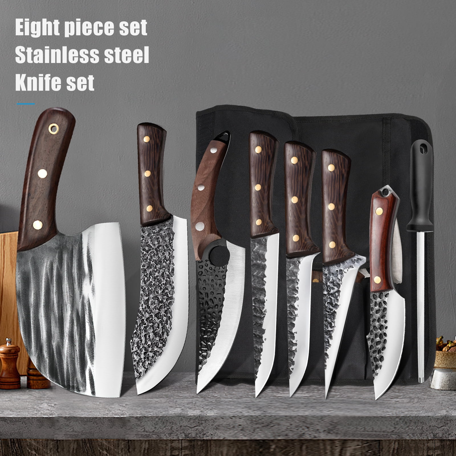 Chef Knife Set 8 PCS,DFITO High Carbon Steel Hand Forged Kitchen Knife Set with Roll Bag