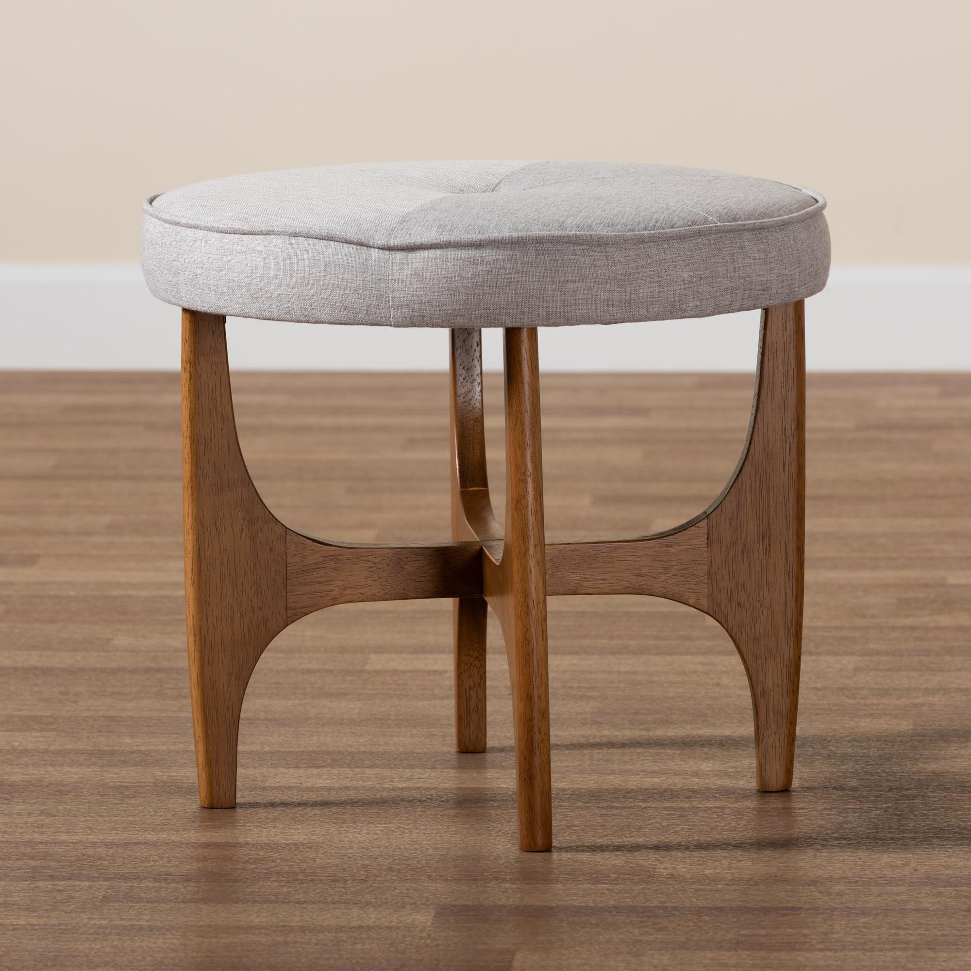Baxton Studio Theo Japandi Greyish Beige Fabric and Walnut Brown Finished Wood Ottoman Footstool