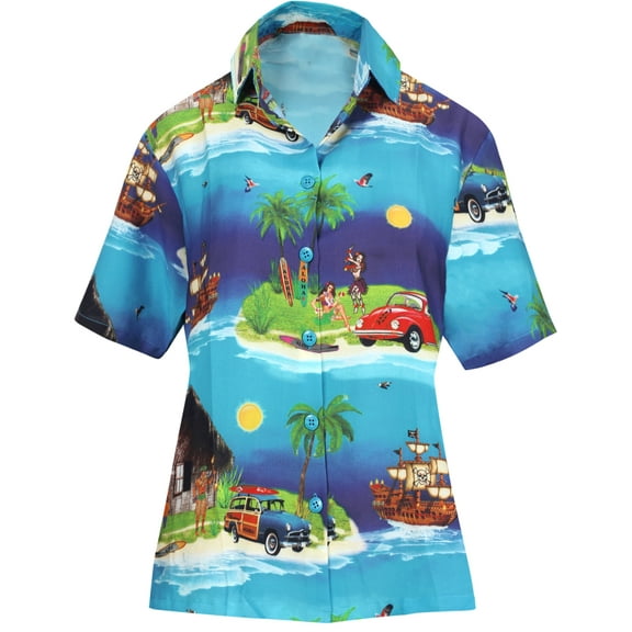 HAPPY BAY Hawaiian Shirts Womens Funky Vacation Button up Casual Summer Camp Beach Party Blouse Short Sleeve Collared Tops Tropical Shirts for Women S Sky, Holiday Tribal