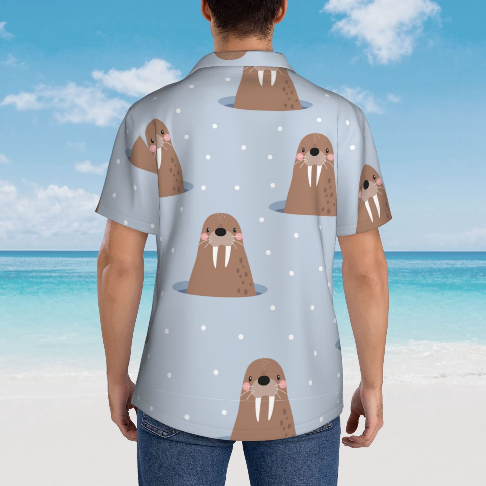 Logiee Playful Walrus Wonders Print Mens Hawaiian Shirts,Loose-Fit Short Sleeve Button Down Tropical Aloha Beach Shirt,Summer Vacation Wedding Tops,3X-Large