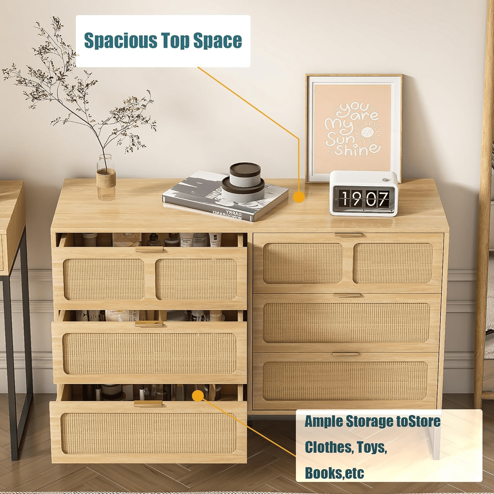 6 Drawer Double Dresser, Rattan Chest of Drawers, Wood Storage Chest for Bedroom Living Room