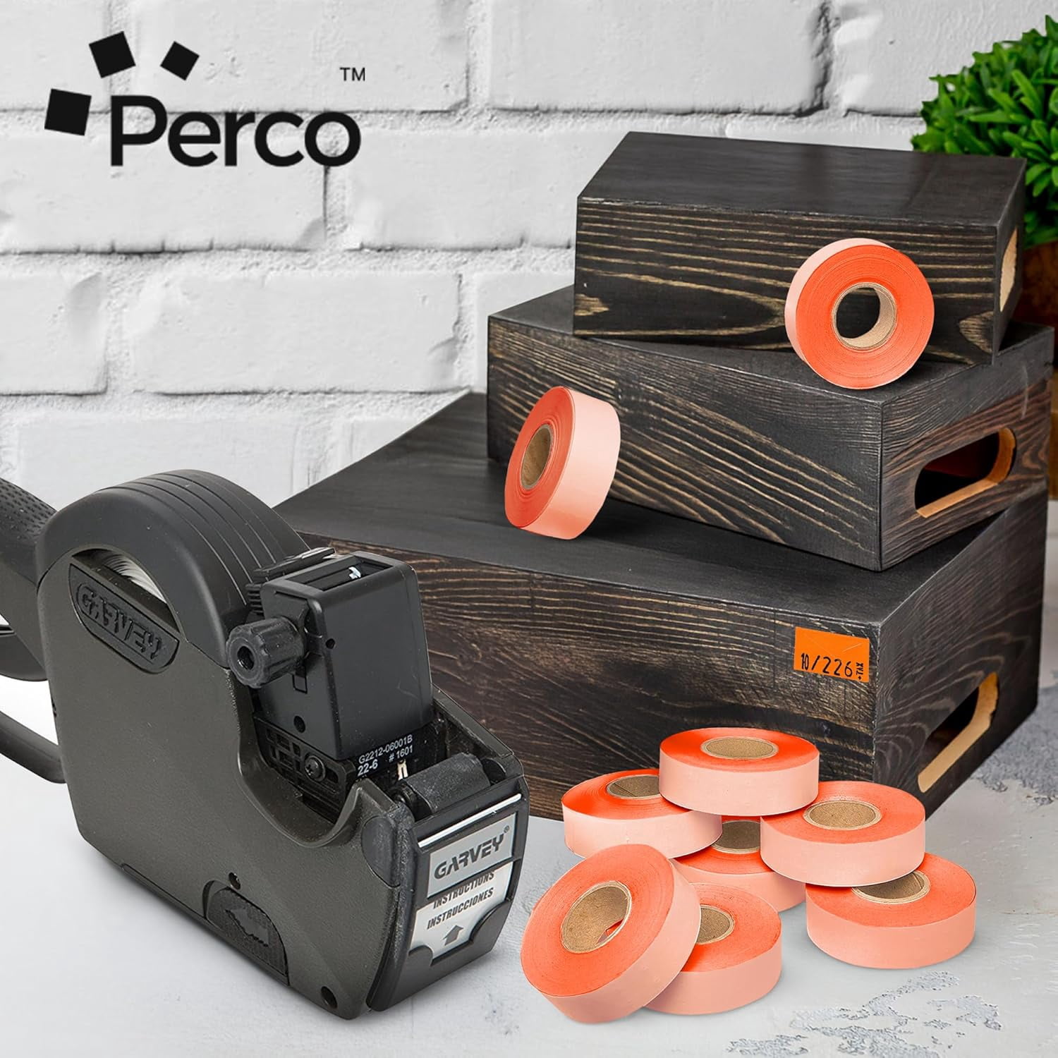 Perco Fluorescent Red Price Marking Labels - 11,000 Blank Labels for Garvey 22-6/22-7/22-8 Price Gun with Ink Rolls Included - 9 Rolls, 1 Sleeve - Made in USA