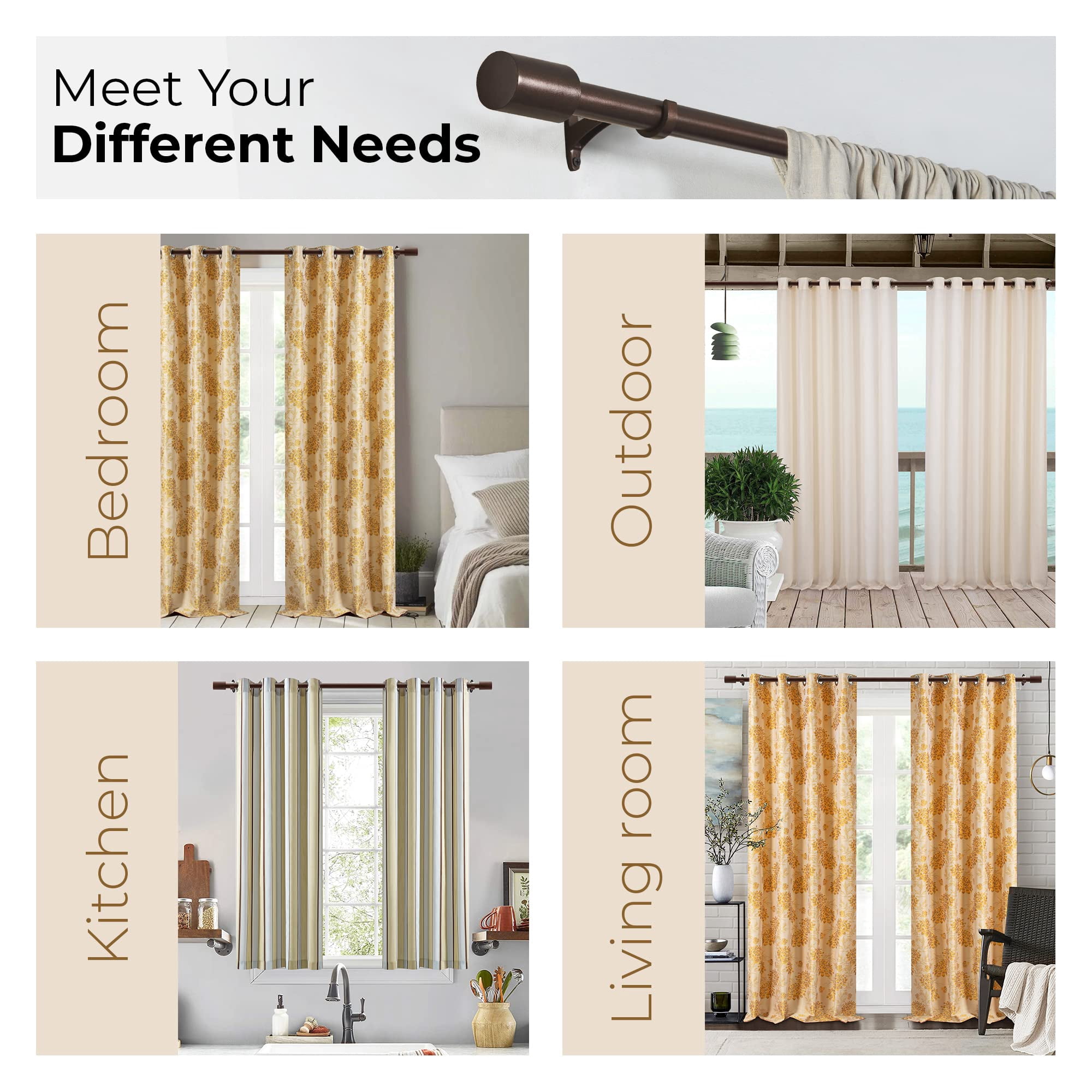 Deco Window Modern 1" Diameter Powder Coated Barrel Finial Adjustable Single Curtain Rod, 52 in - 144 in