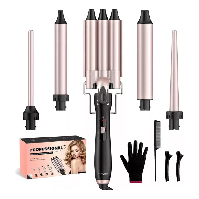 Olimit rizadoras cabello juego de tenaza rizadora profesional 5 En 1 waflera enchinadora cabello con guantes clips y peine SM-528