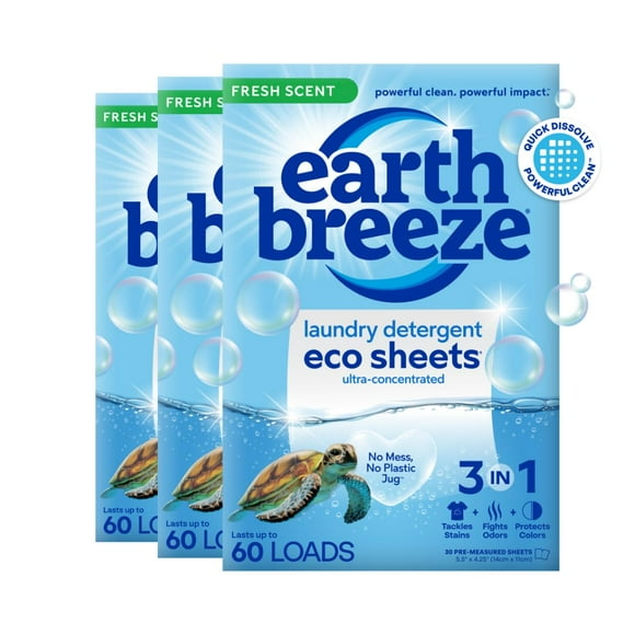 Earth Breeze Laundry Detergent Sheets Fresh Scent - 180 Loads Eco Liquidless Soap - Travel-Friendly for Hot & Cold Cycles, Tackles Tough Stains & Odors - Gentle on Skin, 90 Ct (3