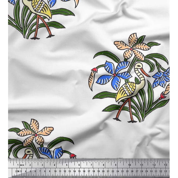 Soimoi Polyester Crepe Fabric Flamingo,Leaves & Floral Block Print Fabric by Yard 52 Inch Wide