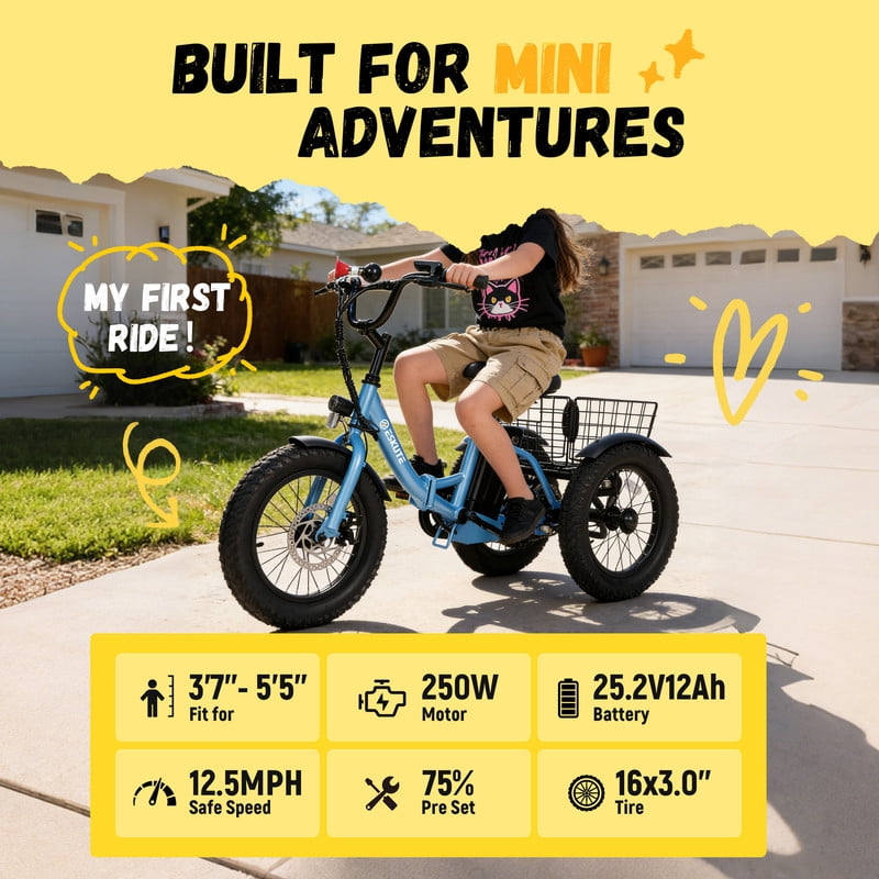 ESKUTE T300mini Electric Tricycle for Beginners, 16" x 3.0 Fat Tire Folding 3-Wheel E-Bike, 500W Peak Motor, 302Wh Battery, Step-Thru, 12.5 MPH, Blue, UL2849
