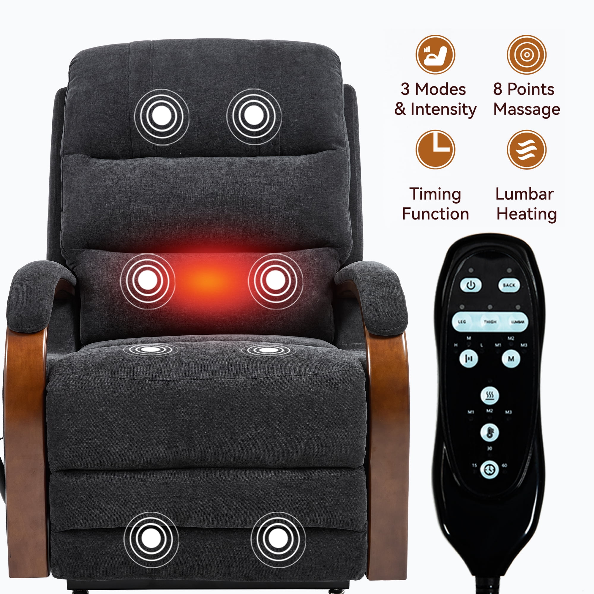 Gewnee Power Lift Recliner Chair with Heat and Massage,Lay Flat Assist Recliner with Side Pocket & Solid Wood Armrest,Lift Chair for Living Room.Black Chenille