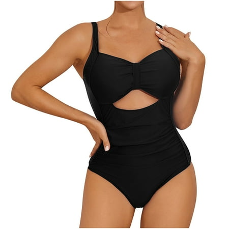 TrendVibe365 Ladies Swimsuits One Piece Black Bathing Suits Thong Solid Swimwear Beachwear L