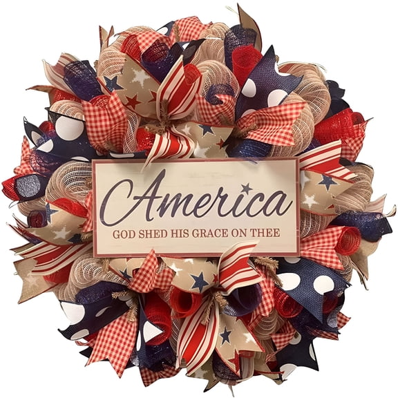 LAMIRO Home Decor Fourth of July Independence Day Mesh Door Wreath - Red White Navy Blue White - God Bless America