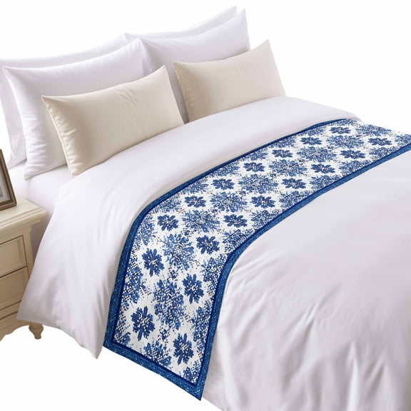 Bohemian Abstract Blue Floral Bed Runner for Cal King Size Bed, Boho Tribal Ethnic Geometric Flowers Soft Bedding Scarf Bedding Protector Slipcover Sofa Throw for Bedroom Hotel Guesthouse