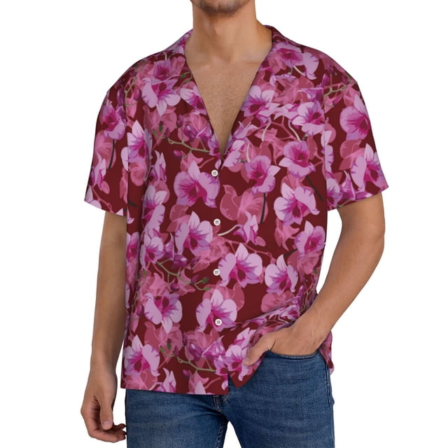 Balery Orchids Flowers Camisa Casual de Manga Corta con Botones para Hombre, Texturizada, Estilo Cubano, para Playa, Verano-Medium