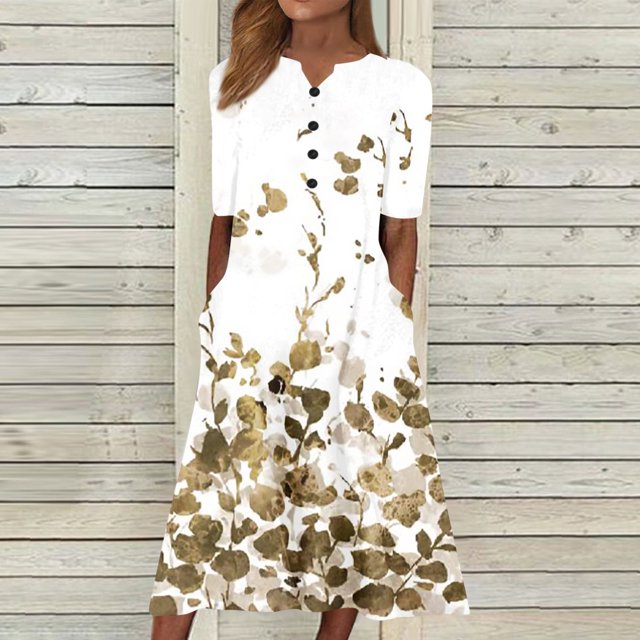 ICHUANYI Clearance Fashion Women Summer Printing Causal V-Neck Button Short Sleeve Vacation Pockets Dress(Yellow, XL) ICHUANYI WER2023081001753