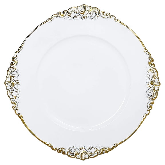 Allgala 13-Inch 6-Pack Heavy Quality Plastic Round Charger Plates-Floral White Gold Trim-HD80341