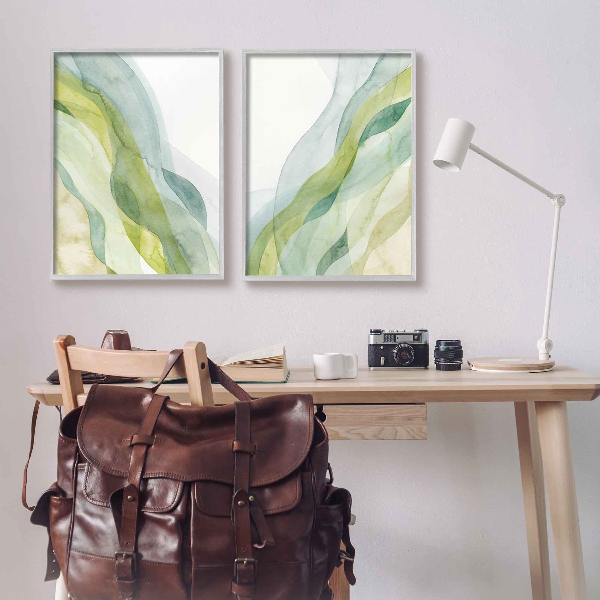 Stupell Industries Abstract Green Waves Abstract Painting Gray Framed Art Print Wall Art, 24 x 30, Set of 2