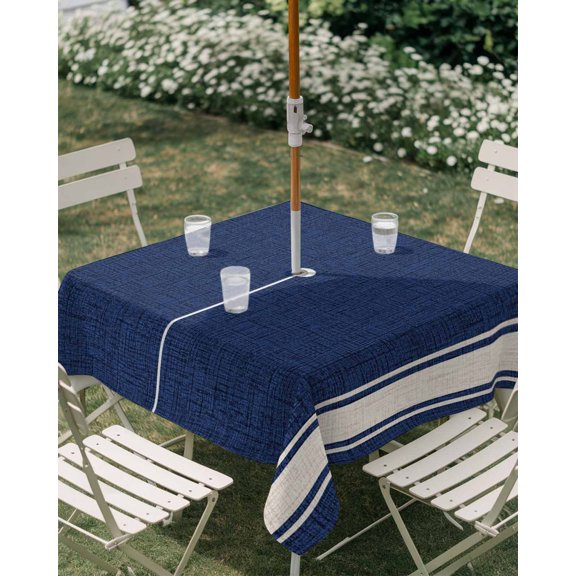 Outdoor Tablecloth with Umbrella Hole, Navy Blue Stripe Vintage Linen Art Zippered Table Cloth for Rectangle Tables, Modern Minimalism Washable Waterproof Tablecloths for Picnic Patio Garden
