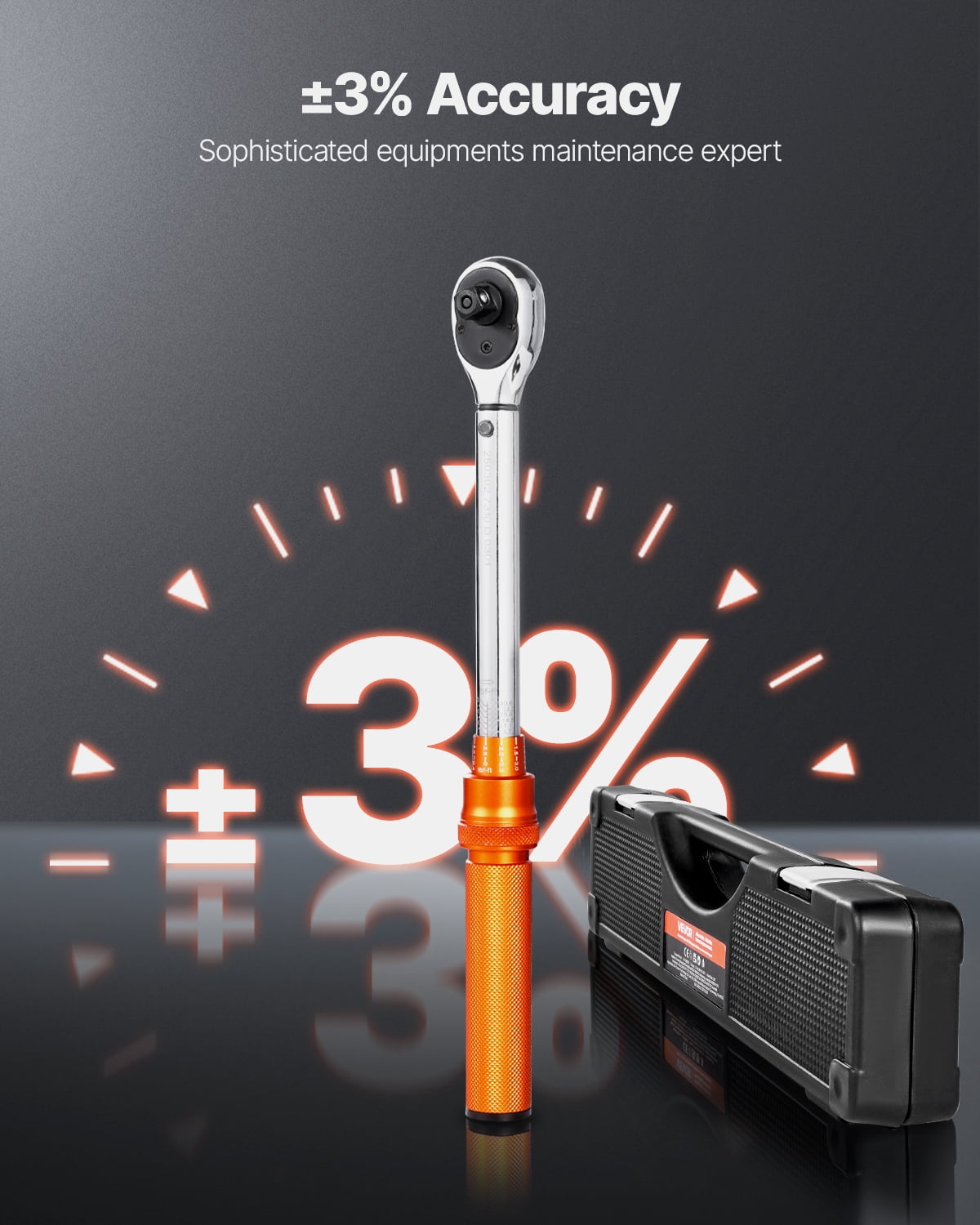 VEVOR Click Torque Wrench Set, 3/8 Inch Drive, 5-60 N.m / 3.7-44.3 lbf.ft, Dual-direction, 72-Tooth, ±3% High Precision, with Sockets, Bits, Extension Bar, Spark Plug Sockets, Adapter, Orange