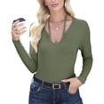 thumbnail image 2 of Womens Fall Clothes Long Sleeve Shirts Halter U Neck Ribbed Knit Slim Fitted Basic Casual Tops Green M, 2 of 9