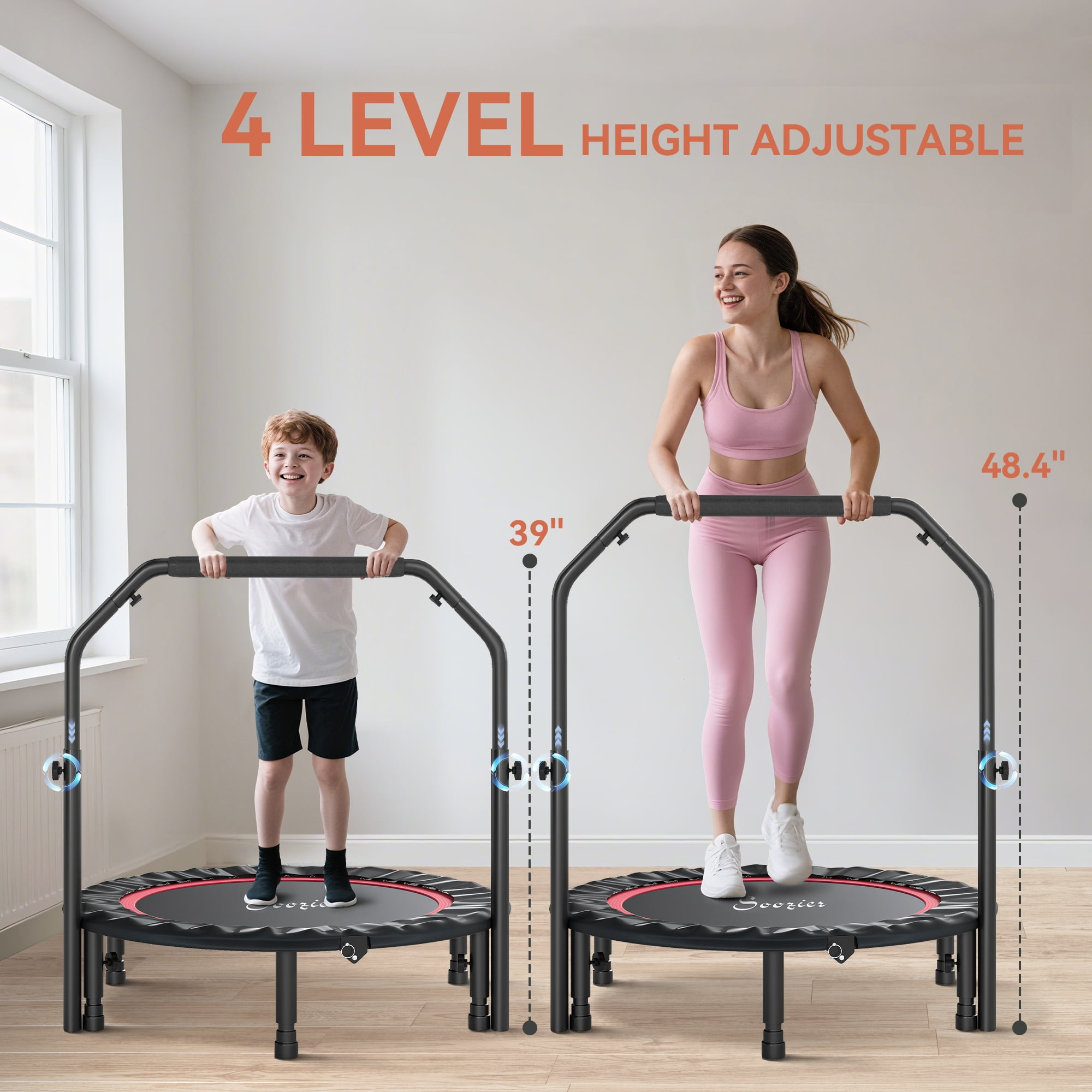 Soozier 40" Foldable Mini Trampoline, Rebounder Trampoline for Adults with Adjustable Foam Handle for Indoor Outdoor Workout, Max Load 330 lbs, Red