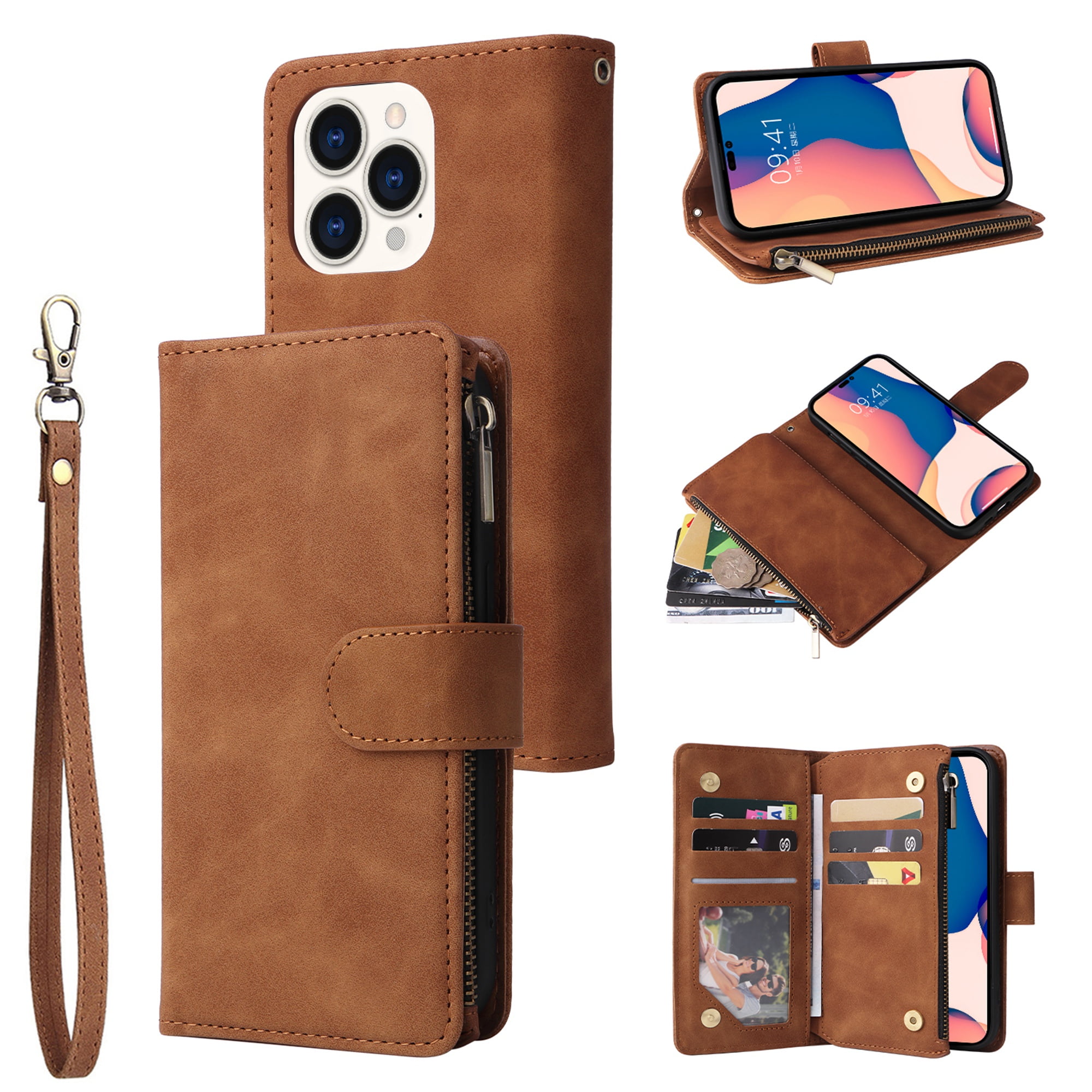 BINFENCOLOR Phone Case For iPhone 15 14 Pro Max Leather Wallet Flip Zipper  Cover