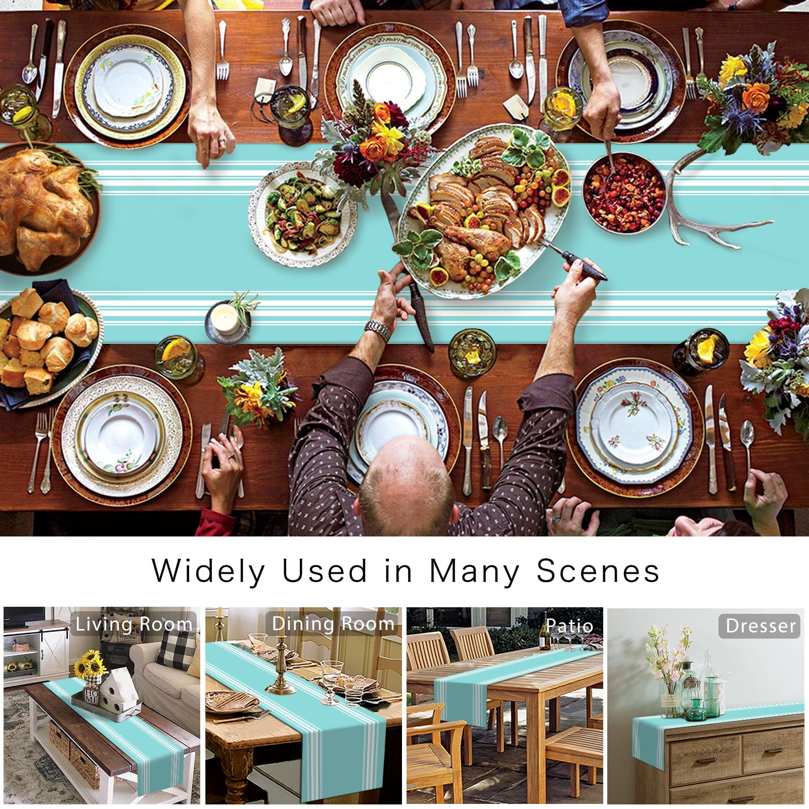 Table Runner Teal Stripes Table Decoration for Kitchen Dinning French Stripe Farmhouse Style Table Decoration for Indoor Outdoor Party Wedding Decor 13x90inch