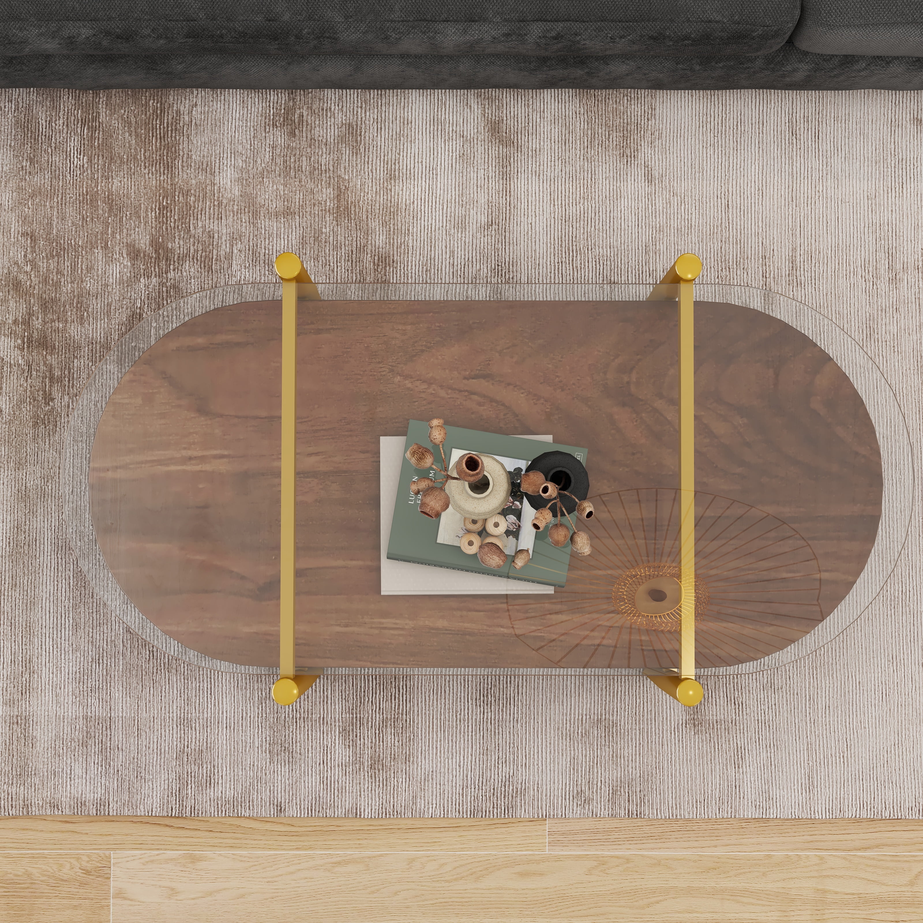 Oval Modern Glass Coffee Table Double Layer Storage Transparent Brown MDF Living Room
