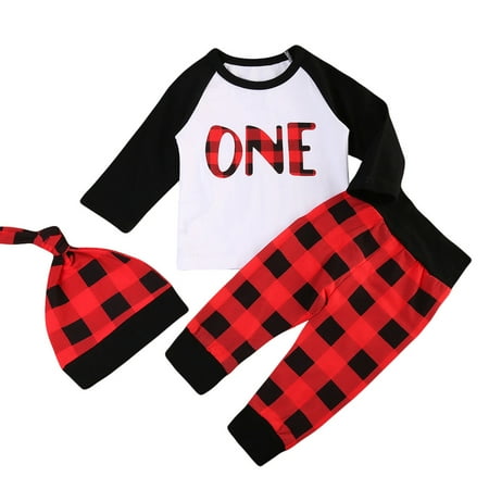 Babys 1st Lumberjack Birthday Outfits Long Sleeve Wild One T-shirt With Buffalo Plaid Pant And Hat 18-24