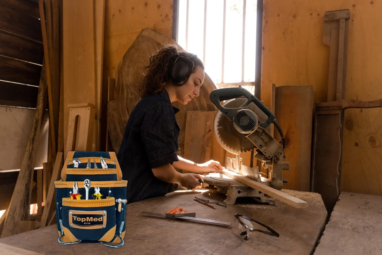 TOPMED ETS Premium Versatile Tool Bag, Heavy Duty Leather Bag with Multiple Pockets for Electricians, Barbers, Plumber Construction & Factory Workers. Reinforced Seam, Professional Grade