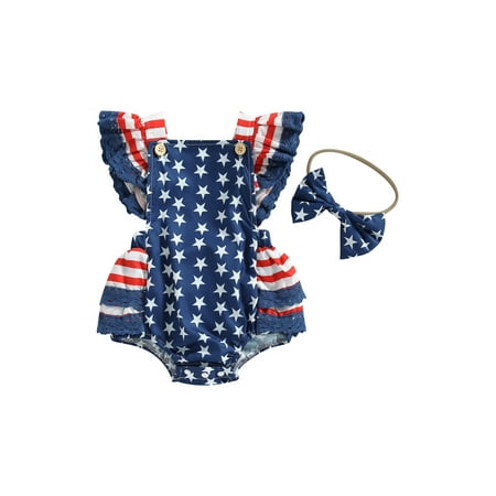

Qtinghua Newborn Baby Girl 4th of July Outfit American Flag Romper Suspender Ruffle Sleeve Bodysuit Headband Independence Day Clothes Blue 0-3 Months
