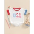 thumbnail image 4 of Aojekbee 4th of July Baby Rompers Infant Girls Boys Fuzzy Letter Embroidery Contrast Color Short Sleeve Waffle Bodysuits Summer Jumpsuit, 4 of 10