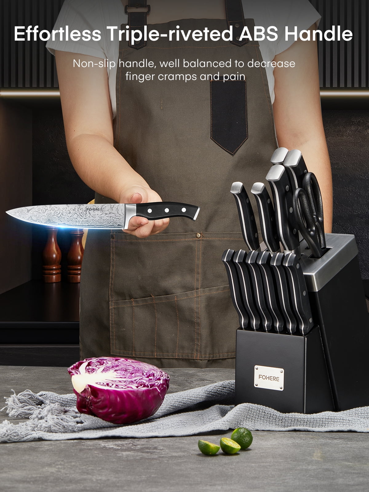 FOHERE 14 Pcs Knife Set with Self-sharpening , Waved Texture Stainless Steel Kitchen Knives, Black