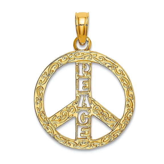 15mm 14k Gold Peace Sign With Cut-out Letter Name Personalized Monogram Initials Flat and Textured Charm Pendant Necklac