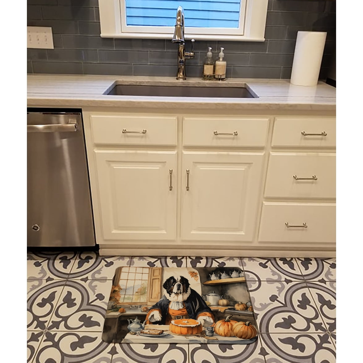 Saint Bernard Fall Kitchen Pumpkins Memory Foam Kitchen Mat 27 in x 19 in