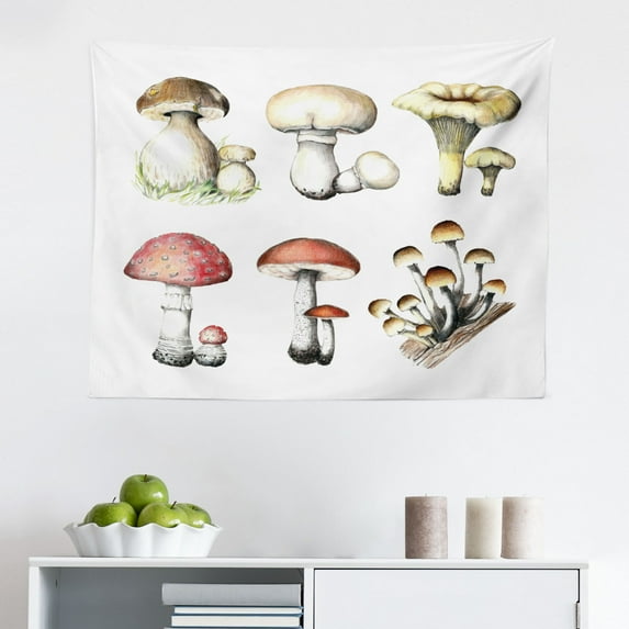 Autumn Tapestry, Fall Season Mushrooms Chestnuts with Hand Drawn Foliage Leaves Watercolor Design, Fabric Wall Hanging Decor for Bedroom Living Room Dorm, 2 Sizes, Multicolor, by Ambesonne