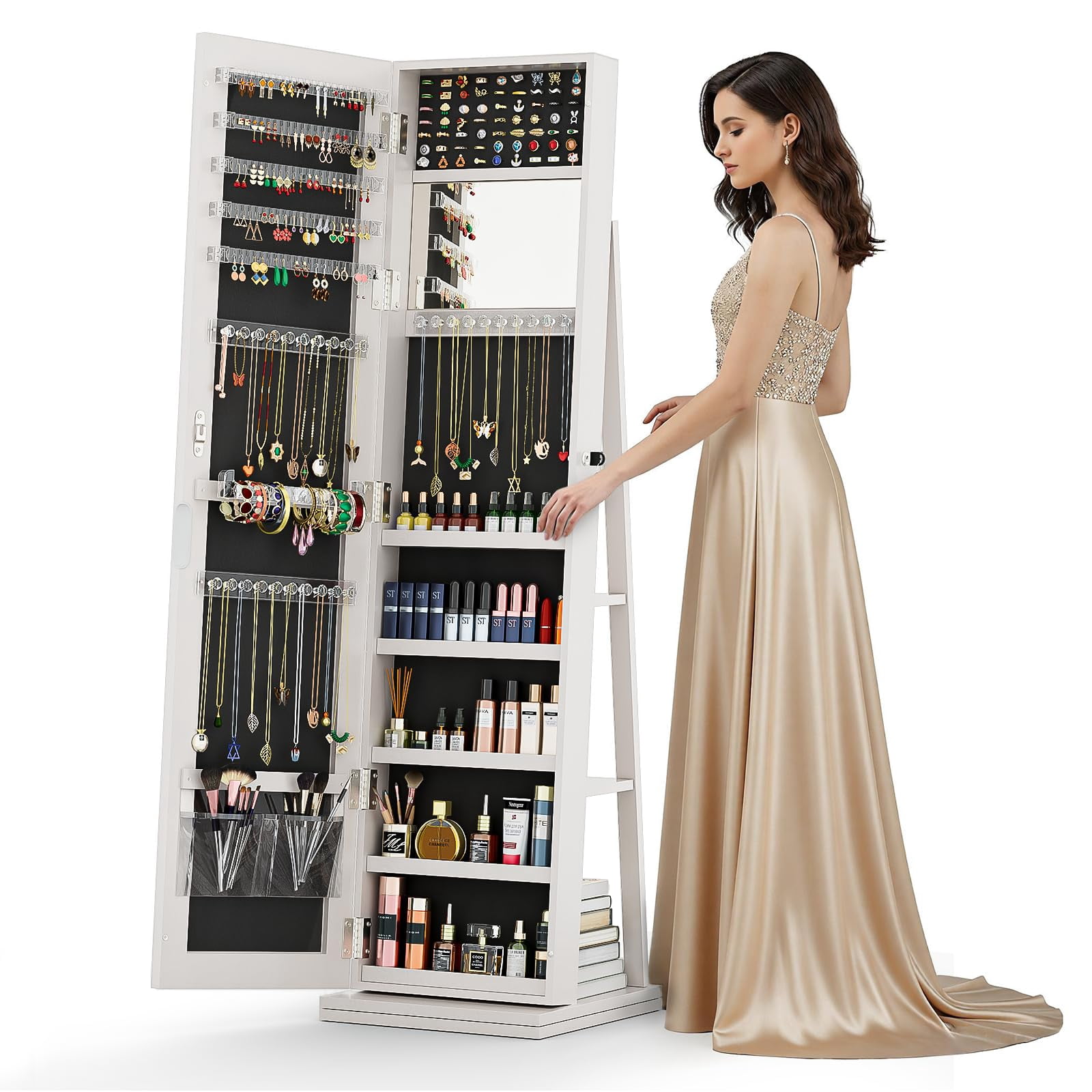 4 in 1 Jewelry Cabinet with Full-Length Mirror, 360° Swivel Jewelry Armoire Lockable Standing, Jewelry Organizer with Storage, Back Storage Shelves, Makeup Mirror, White