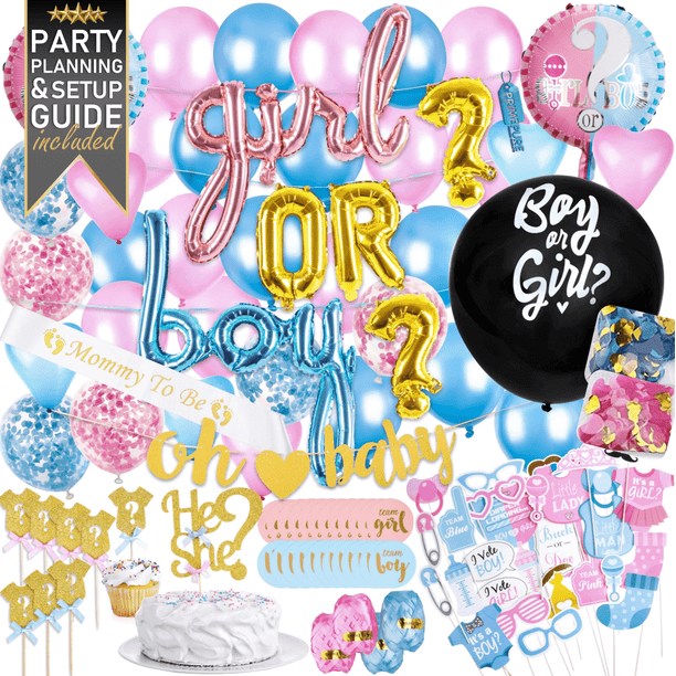 Baby Gender Reveal Party Supplies and Decorations (111 Piece Premium Kit)  Pink and Blue Balloons, 36 inch Gender Reveal Balloon, Boy or Girl Banner
