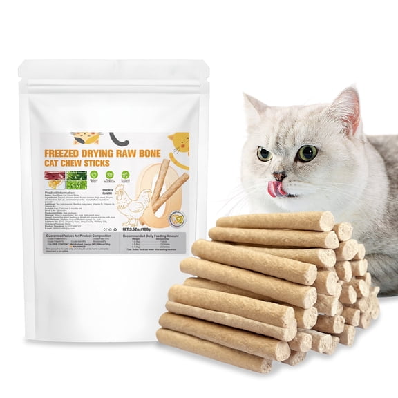 Freeze Dried Chicken Cat Treats, Raw Bone Dental Chew Sticks, 3.5oz - Tartar Control & Bad Breath Treats, Natural Teeth Cleaning Sticks, High Protein Snacks for All Life Stages