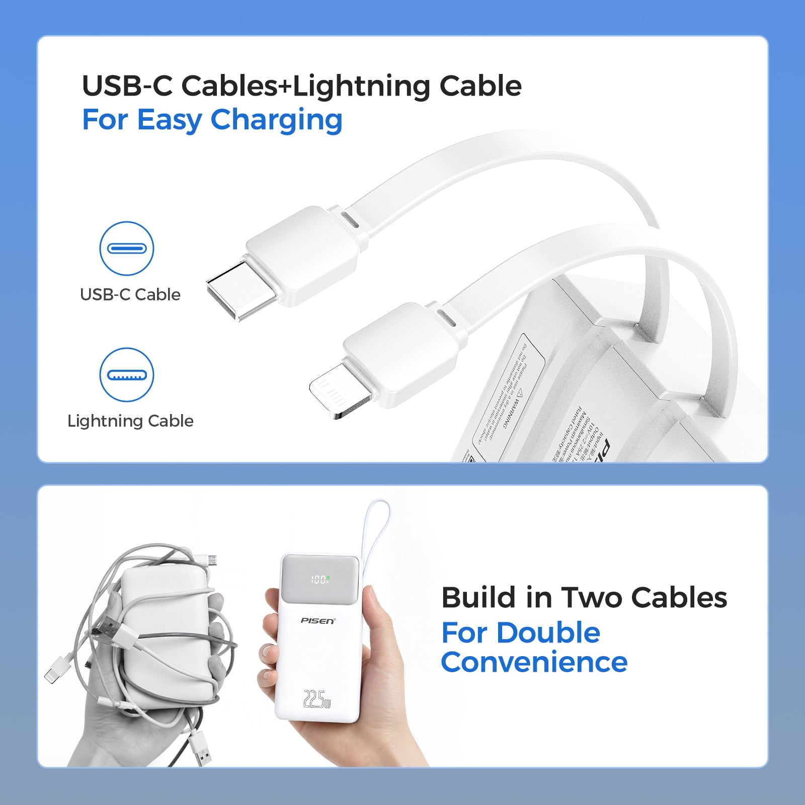 PISEN 20000mAh Portable Charger, 22.5W Fast Charging Power Bank with 2 Built-in Cables, LED Display Battery Pack for iPhone, Samsung, Android Devices, Travel