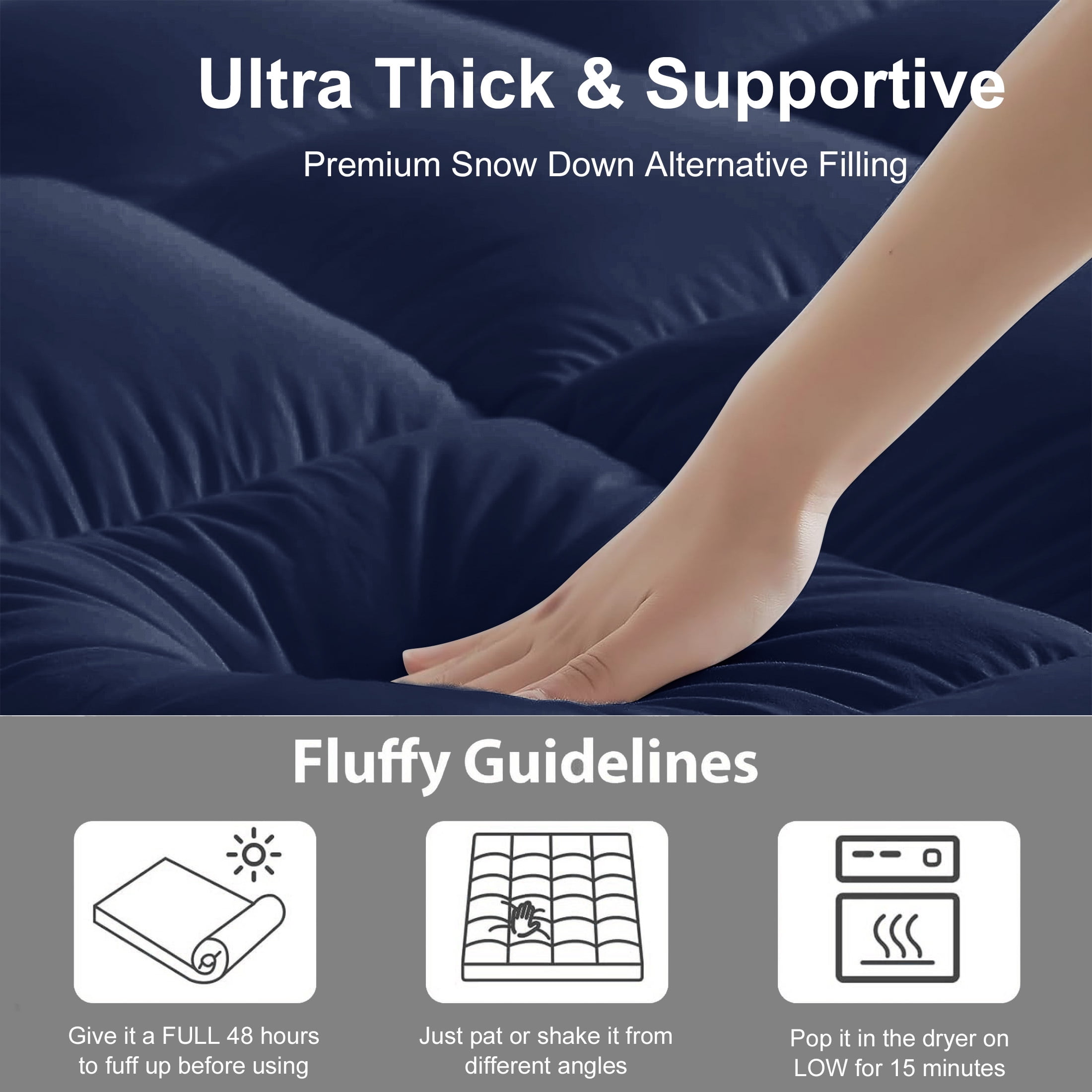 Teler Mattress Topper King Size for Back Pain, 400TC Extra Thick Mattress Pad Pillow Top, Quilted Fitted Mattress Protector Cover with 8-21" Deep Elastic Pocket, Soft & Breathable, Navy