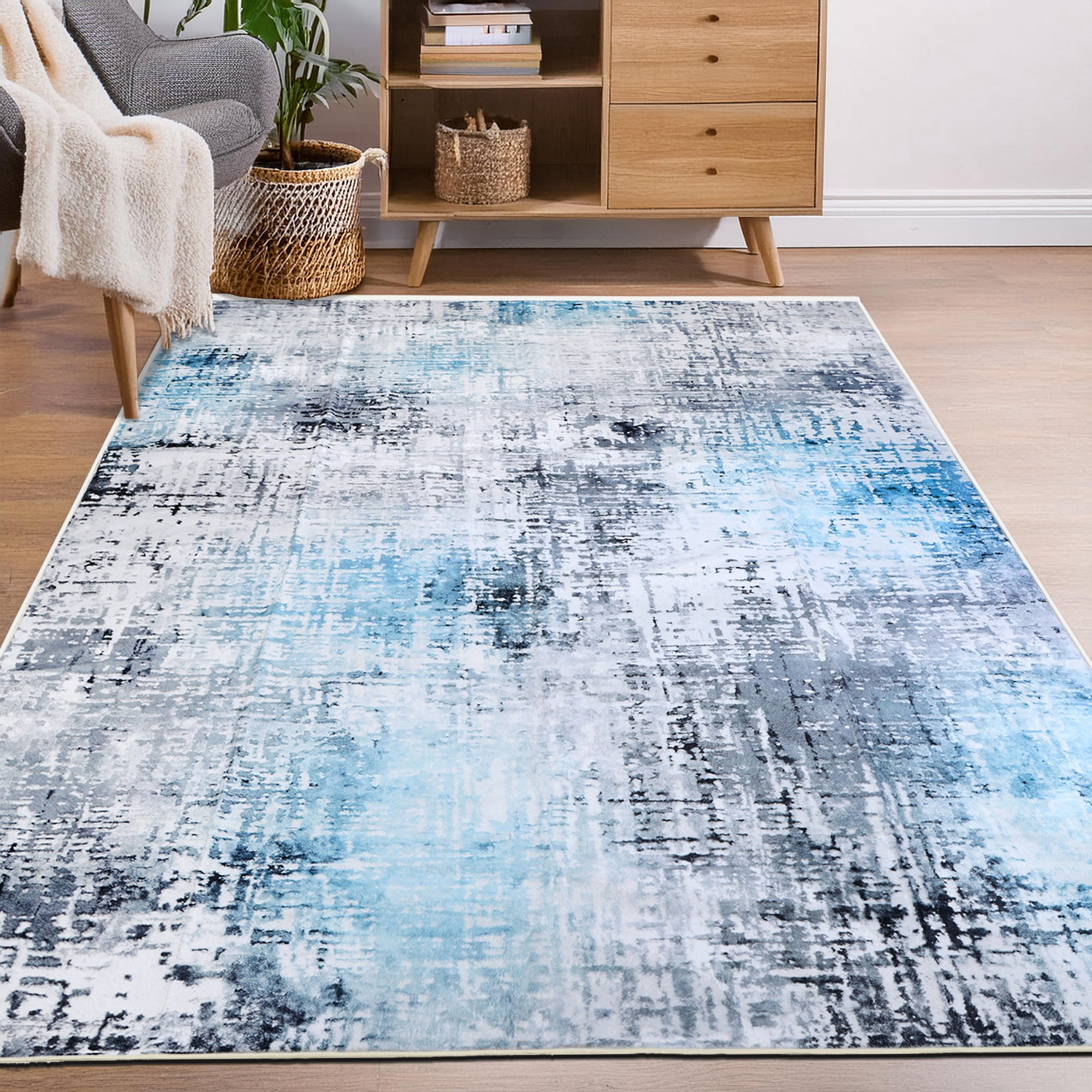 Delara 3'x5' Machine Washable Area Rug, Soft & Durable, Non-Slip, Stain Resistant, Frosted Azure, for Bedroom, Living & Dining Room