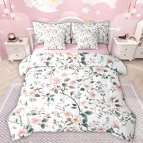 Manfei Country Floral 7 Pieces Bedding Comforter Set,Rustic Plant Flower Full Bedding Set,White Green Pink Fitted Sheet Flat Sheet For Teens,Super Cozy Room Decor Reversible