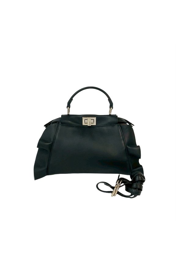 Pre-Owned FENDI Peekaboo Mini Ruffle Leather 2-Way Shoulder Bag/Handbag Black 442-8
