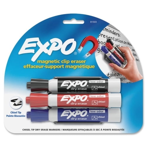 Expo Magnetic Clip Eraser Chisel Marker Point Style - Red, Blue, Black - 1 Set