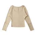 thumbnail image 2 of Women's Loose Fit Long Sleeve Round Neck Pocket Patchwork Solid Color Blouse Top Comfy Versatile Casual Business Office Outfits | CSEONE,Khaki L, 2 of 6